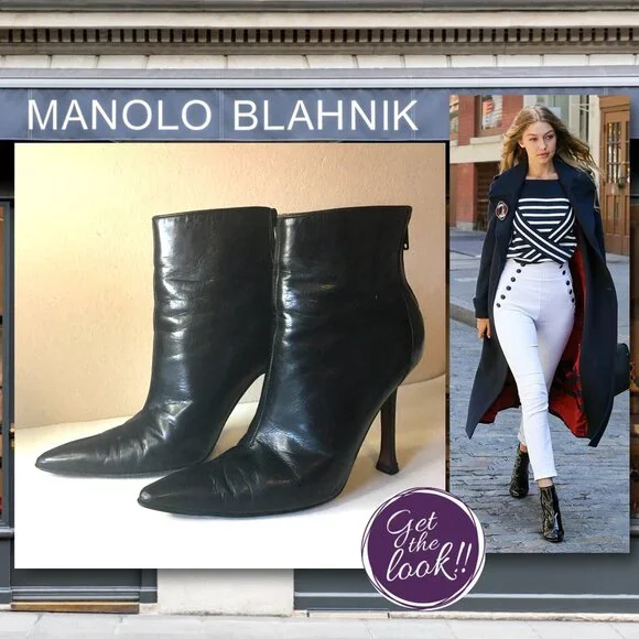 MANOLO BLAHNIK Black Leather Point Toe Ankle Boots 💋 SIZE 38 - Picture 1 of 16